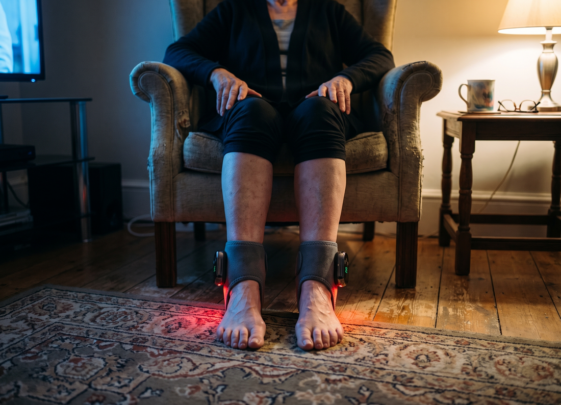 Woman seated in an armchair at night, a TheraPrime system on each ankle, feet on the rug
