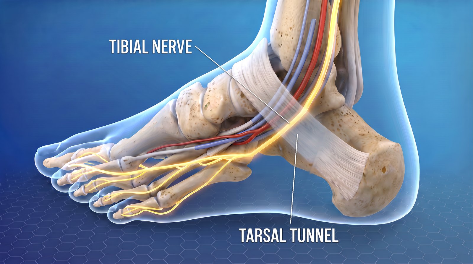The tarsal tunnel, seen from the inside of the ankle. The tibial nerve shares one narrow passage with an artery, its veins and three tendons — then branches out under the foot to every toe.