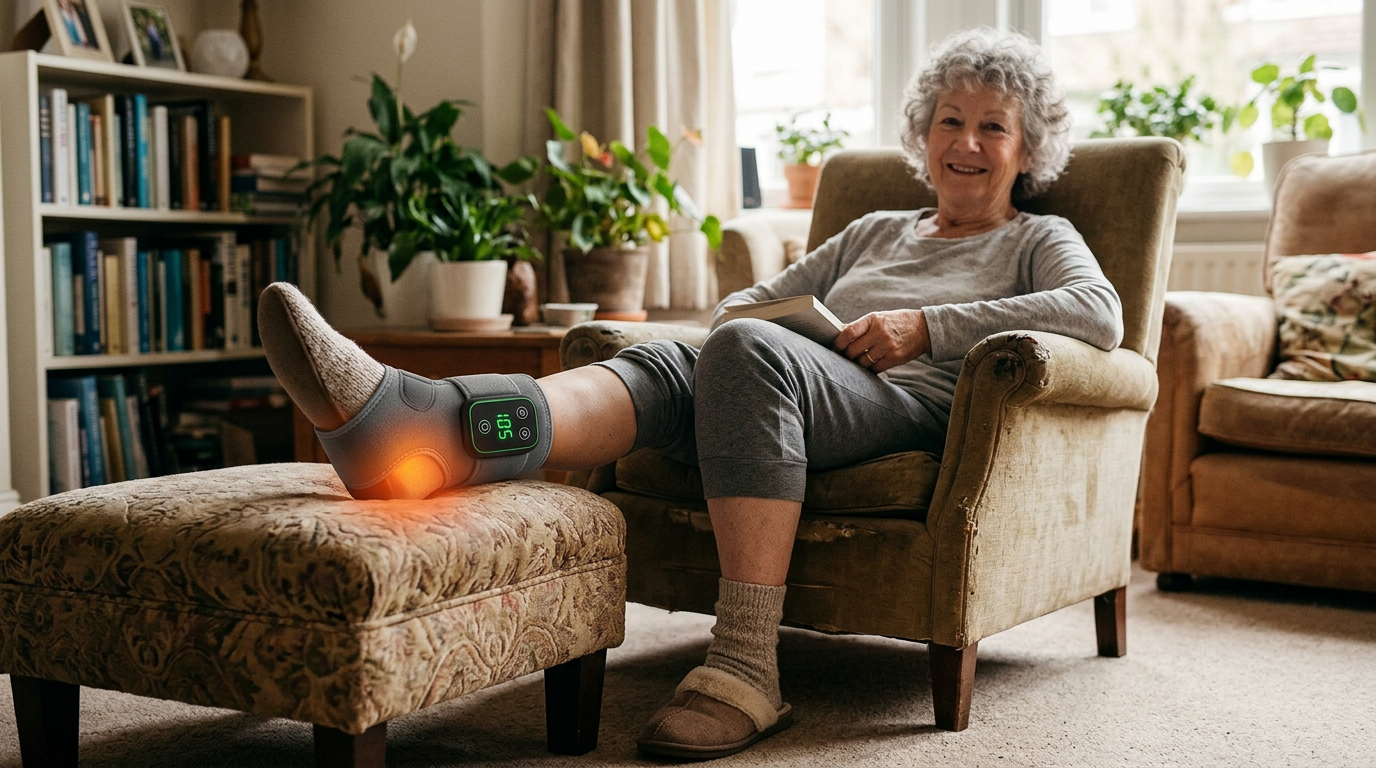 Calm senior woman resting in an armchair with her foot up, wearing the TheraPrime ankle recovery wrap with its control unit and warm glow