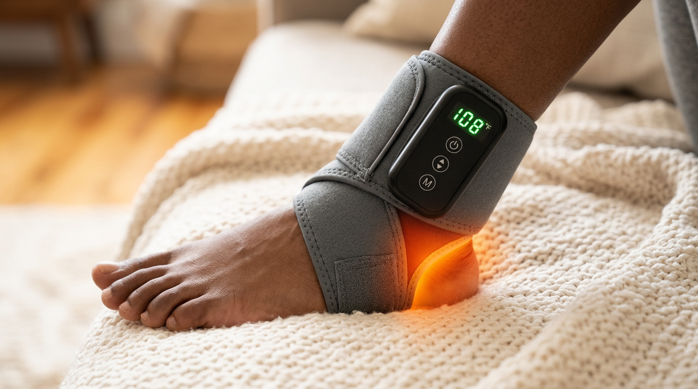 Close-up of an ankle wearing the TheraPrime ankle recovery wrap, showing its black control unit with digital display and warm heat glow around the heel