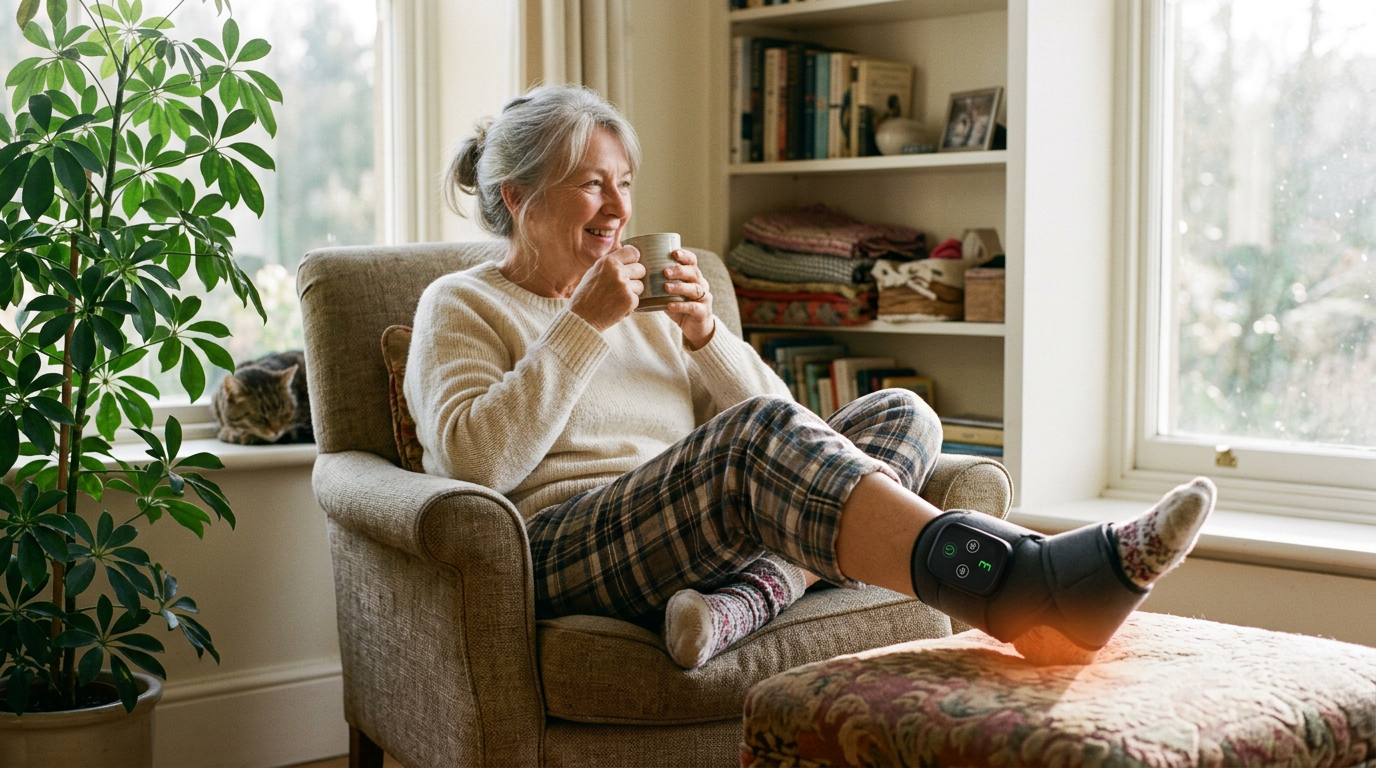 Smiling senior woman relaxing in an armchair with tea, foot up, wearing the TheraPrime ankle recovery wrap with its control unit to ease morning heel pain