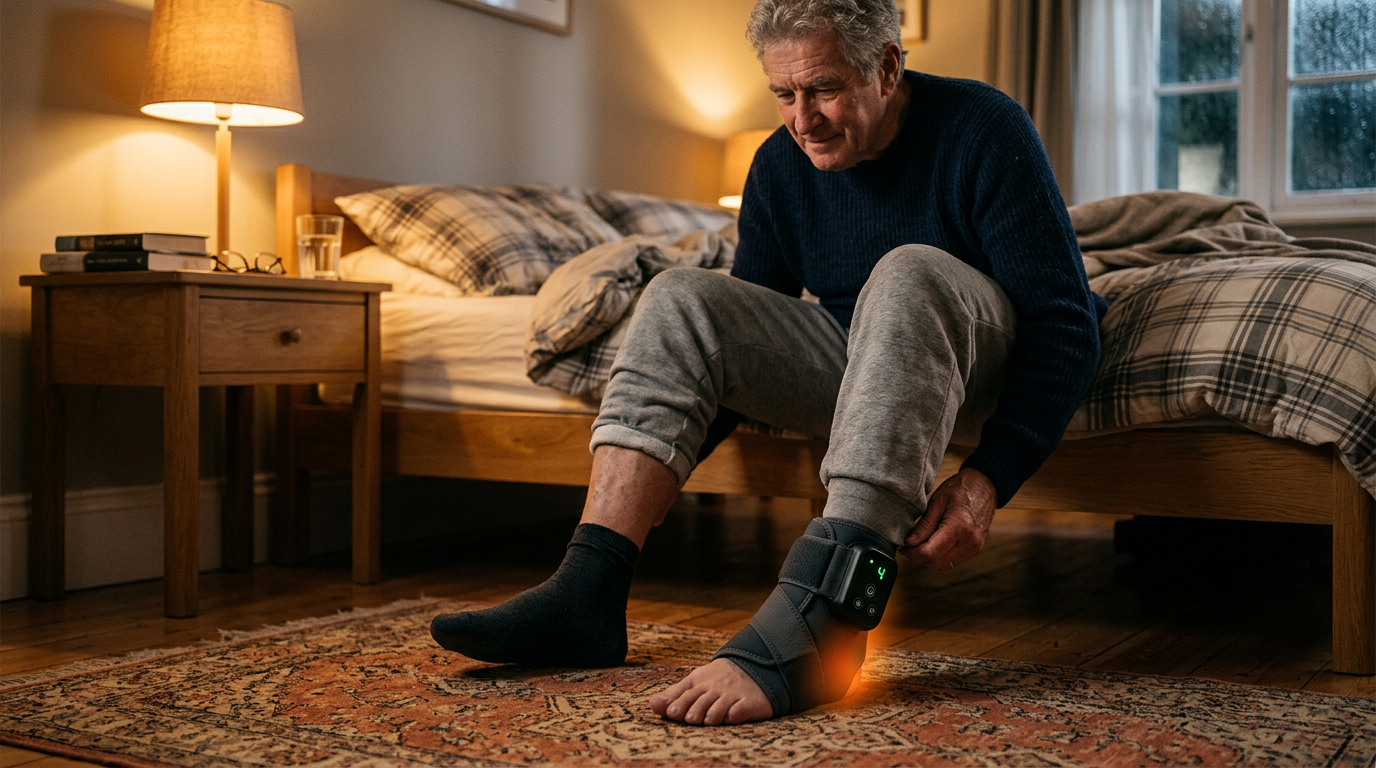 Senior man sitting on the edge of his bed in the evening, one ankle wearing the TheraPrime ankle recovery wrap with its control unit and warm glow