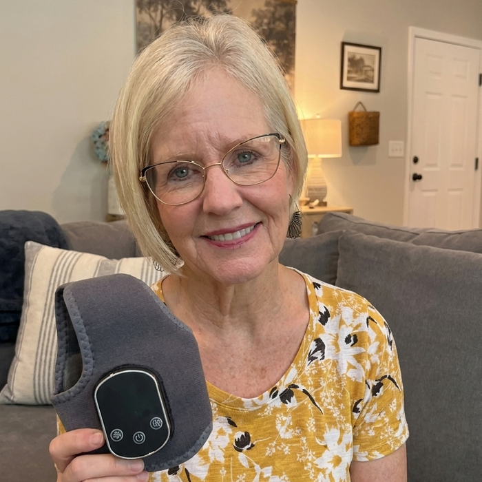 Dorothy K. holding the TheraPrime ankle system - reviewer photo