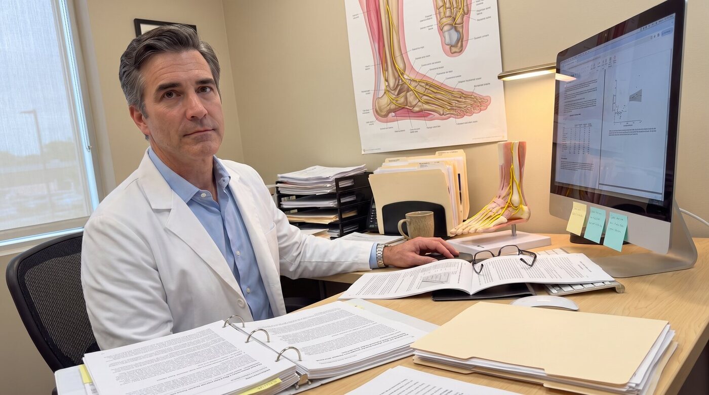 A neurologist at his desk with peripheral-nerve research papers, a foot anatomy model and a nerve chart of the ankle