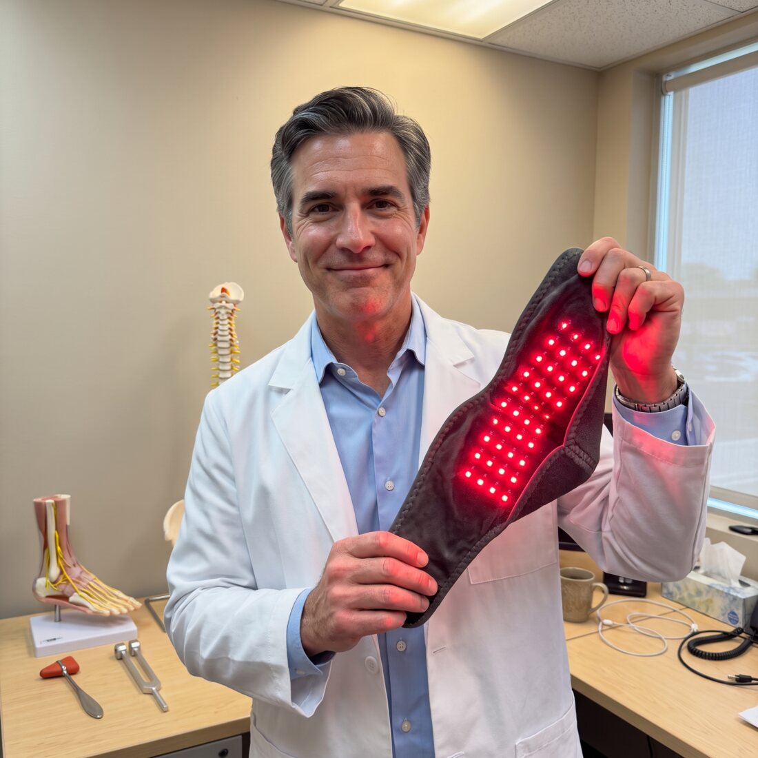 A neurologist in his consulting room holding a TheraPrime therapy device, its red light panel switched on